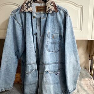 SMITH Light Blue Denim Jacket with Patterned Collar upcycled